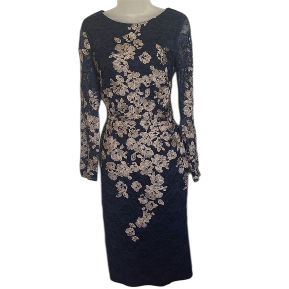 Xscape Blue and Gold Asymmetrical Embellished Sheath Dress
